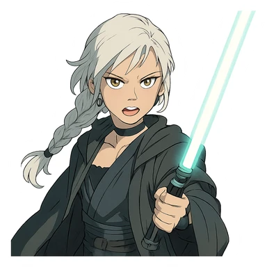  a closeup portrait of young woman with gold yellow eyes, white hair, long braid, black off-shoulder top, punk gothic style, futuristic cyberwave cyberpunk,  jedi attire and posture robes of a padawan, foreweilding a bright blue-green lightsaber, angry fierce face expression, power stance, 30-90 sticker