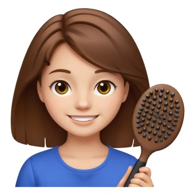 smiling girl with brown hair holding a hairbrush, minimal details, round face, iPhone emoji style sticker