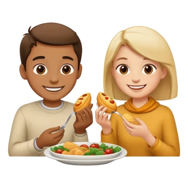 two people sharing food, smiling, simple and expressive sticker