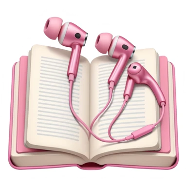  pink Pink Apple-style earbuds lying on an open book, soft pastel tones, cozy and minimal aesthetic, realistic lighting and shadows, top-down view, transparent background" sticker