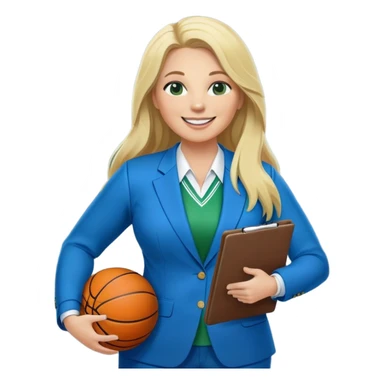 Full Body white plus size female basketball head coach using a clipboard with long blonde hair in a blue and green suit smiling with basketball and clipboard sticker