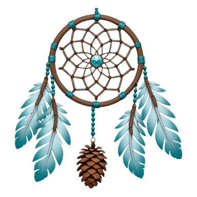 Winter-themed snow-covered spruce pine wooden pinecone dreamcatcher with white feathers, silvery chains and teal leaves sticker