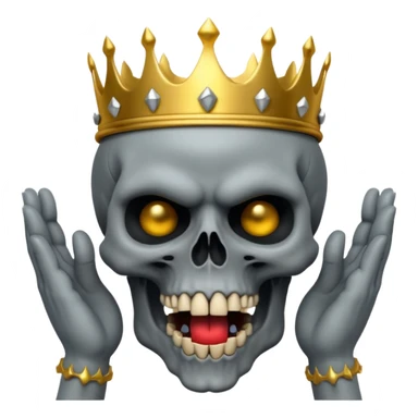 Demonic 3D skull holding its head by its two hand in shock, mouth open, wearing a golden crown, dark horror vibe sticker