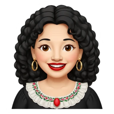 60 yr old Mexican woman, slightly chubby, wavy/curly long black hair, red lipstick, big smile, white teeth, brown eyes, hoop earings, side part to hair, round face, pretty white dress, hair side swept, big hoop earing sticker