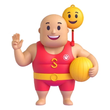 Create a 3D smiley emoji with a round face, muscular lifeguard upper body only, wearing a whistle around the neck and the upper part of a swim suit, smiling face, transparent background. sticker