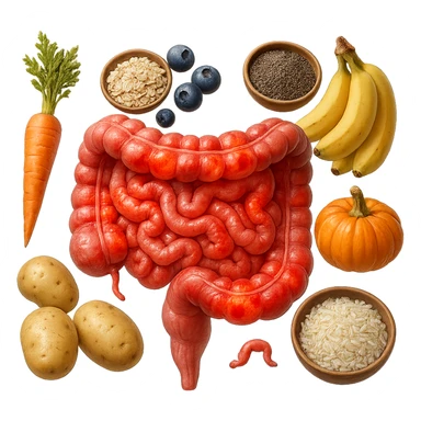 intestino umano anatomico infiammato con carota, bowl di avena, mirtilli, bowl di semi di chia, patate, banane, zucca, bowl di riso che gli fluttuano intorno , iperrealistico 4k sticker