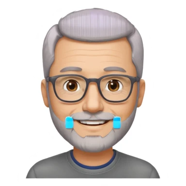 54 year old man, short shaved grey hair, beard stubble, glasses sticker