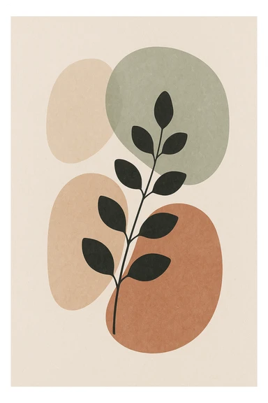 abstract botanical wall art, minimalist scandinavian style, large rounded organic shapes, eucalyptus branch silhouette, neutral earth tones (beige, sage, terracotta), subtle paper texture, modern interior decor, full bleed composition --v 6 --ar 3:4 --q 2 --style 4a sticker