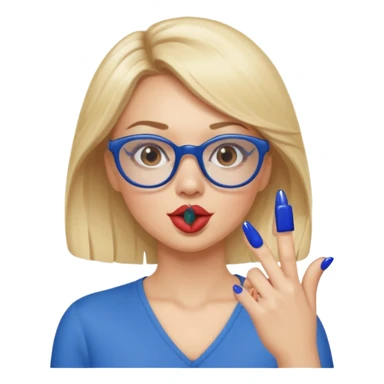Blonde women with brown eyes, blue glasses blowing a kiss with dark blue nails sticker