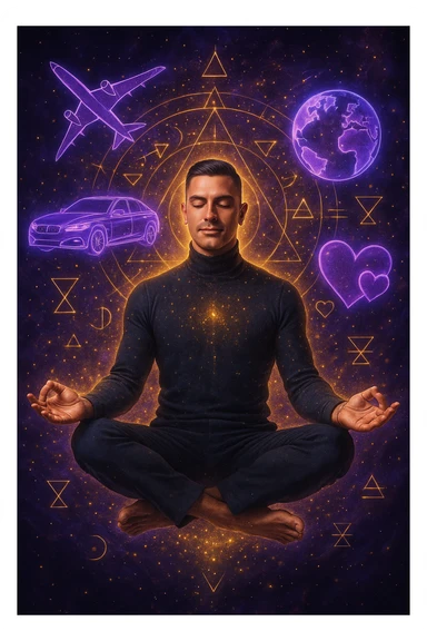 "Un uomo in meditazione fluttuante nello spazio cosmico, circondato da particelle dorate e simboli alchemici. Intorno a lui, oggetti e situazioni dei suoi desideri (auto, viaggi, amore) si materializzano come ologrammi luminosi. Stile cyber-mistico, colori viola e oro." sticker