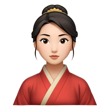 Cinematic Timeless Mulan Portrait Emoji, rendered in a clean vector style. Depict Mulan with warm, light-toned skin, neatly styled dark hair in a traditional bun, and a serene, confident expression, dressed in a simple traditional robe with minimal decoration. The image is highlighted by a soft, inviting glow and a subtle glowing outline, capturing enduring beauty and quiet strength. sticker