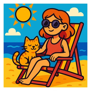 girl sitting in a beach chair with her cat, sunny summer day, vibrant toon style sticker