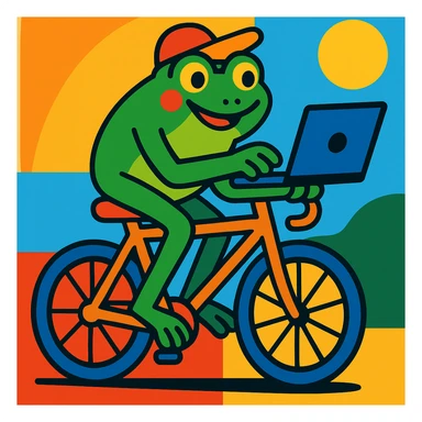 a cheerful frog multitasking on a laptop while cycling, colorful illustration style, vibrant and playful sticker