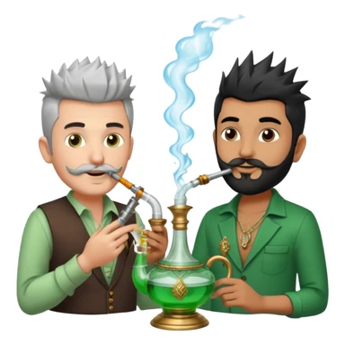 Brass hookah with green design on a glass water base on the top; with two smoke pipes where people are holding them and smoking - one white guy with spikes (silver and black hair) and another Tamil handsome with little beard Indian guy. The Tamil guy is not having spiky hair  sticker