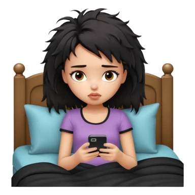 generate a pretty bratz girl with short black messy bed hair, looking tired and using her phone sticker