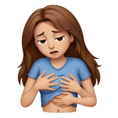 Crying women with long brown hair rubbing stomach with shirt on sticker