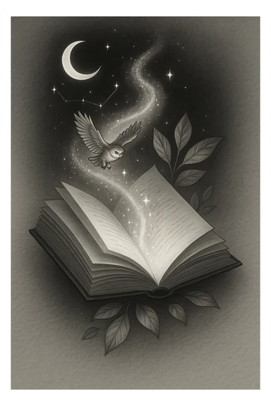 Create a stylized drawing of a book with magical light and sparkles rising from its pages. Use a clean line-art style with well-developed shadows and highlights, inspired by the reference image. sticker