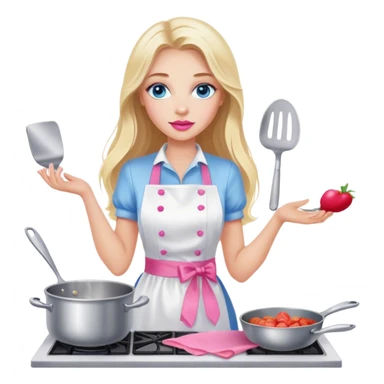 Cinematic realistic beautiful blonde with long hair, blue eyes and pink lips in a white dress cooks sticker