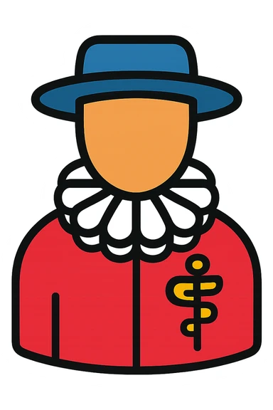 Tudor doctor, with ruff collar and hat sticker