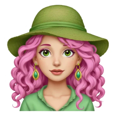 pink haired very long curly haired woman with full face light green clay mask  and big earrings and hat sticker