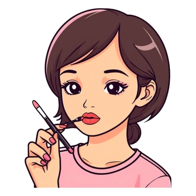 Cute little brunette girl putting on lipgloss  sticker