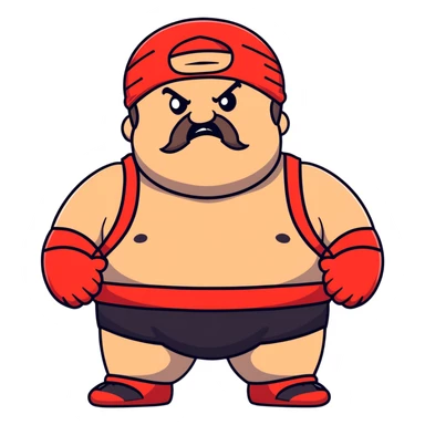 Extreme close-up of face of morbidly obese white skin guy with young face, prominent BLACK DURAG tied clearly on head, distinct black beard and mustache, black eyes in a red and black wrestling singlet with angry expression sticker