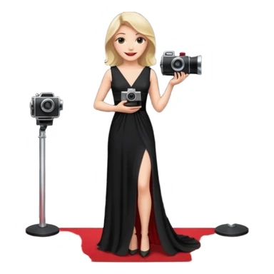 an actress standing on a red carpet, smiling, with a film camera next to her. sticker