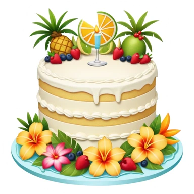 Realistic margaritaville-themed vanilla birthday cake, elaborate, layered, with tropical flowers and fruits  sticker