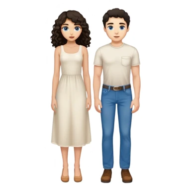 One tall man with light skin, blue eyes, short straight dark hair, wearing jeans. With one girl with tan skin and long curly dark hair, and brown eyes wearing a white midi dress.  sticker
