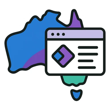 Add Microsoft Power Pages brand colors (blue, purple, teal) to the map of Australia with digital web page overlay, keep the modern and techy look, no text sticker