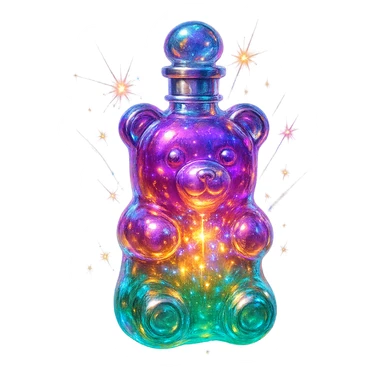 gummy bear-shaped luxurious elixir bottle, vibrant translucent color, iridescent and silver details, intense magical glowing and sparkling effects, very small neck, seamless bottom, transparent background, floating, no base or shadow, modern, matching a collection sticker
