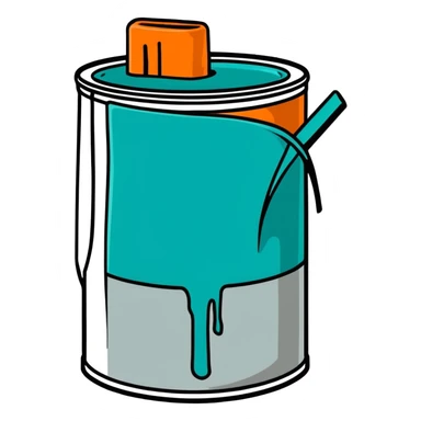 gray paint can with teal paint inside, some teal paint spilling over sticker