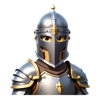 clash-of-clans-aesthetic_-cinematic-fearsome-and-majestic-knight-bust-portrait-emoji, rendered in a flat, vector-style with minimal shading and bold, simplified shapes, depicting a battle-ready medieval knight with steely eyes and intricate armor, mounted on a warhorse reflecting sunlight over a misty battlefield. sticker