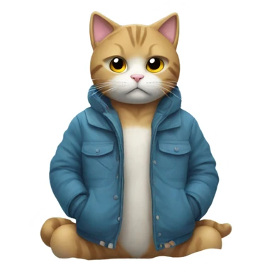 Sad cat in snow wearing a jacket sticker
