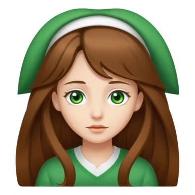Girl with long brown hair and green eyes and a white ahirt sticker
