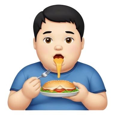 fat boy with black hair eating  sticker
