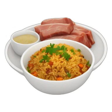 a bowl of Uzbek pilaf with brown pieces of meat on the plate sticker