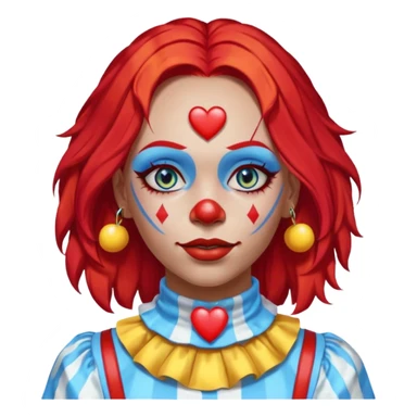 wendy thomas  the clown from gta rp nopixel she has a blue sun on covering right eye with three yellow lines below her right eye and above her left eye. she has long bright red hair and light blue eyes with a heart choker sticker