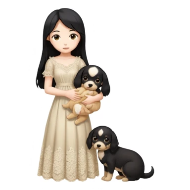 Pastel anime lady long hair with long lace dress full body holding puppy sticker