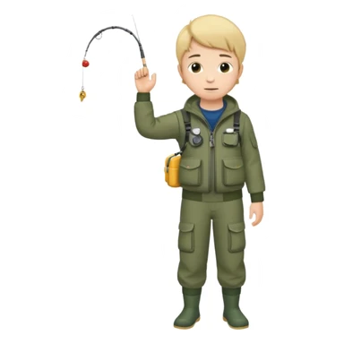 Boy in fishing suit looking at his wristwatch, full body sticker