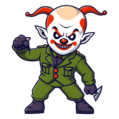 evil clown warrior, bald, short goat-like horns on forehead, fangs, pointed ears, black and military green leisure suit, battle-ready fighting posture sticker