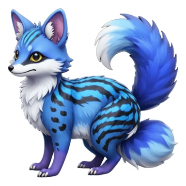 Feral cute hyper-realistic chubby floofy fluffy puffy furry Rare Fantasy vibrant dark shady shaded detailed deep-dark-cobalt-blue-gradients-colored colorful Vernid-Sergal-Genet-Trico-Fox-species by LiLaiRa, with dark-blackish points, white belly, random markings, tufted tail, tufted ears, full body sticker