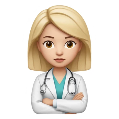 3D memoji style female doctor in medical coat, arms crossed, serious but calm expression, slightly raised eyebrow, professional look, centered, isolated, PNG, transparent background sticker