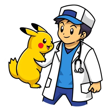 Hot handsomeb muscular 6ft tall smiling happy clean shaven Ash Ketchum playing doctor with Pikachu sticker