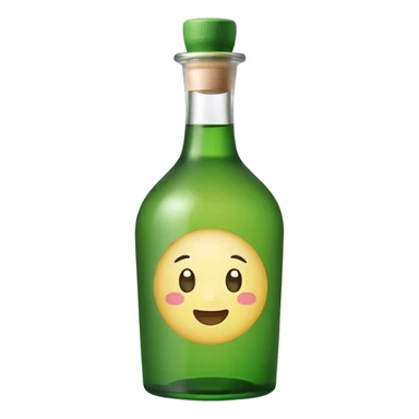 A clean, cute emoji-style green soju bottle, small Korean soju bottle with green glass, simple label in Korean style, minimal flat design, soft shading, centered, white or transparent background, high contrast, rounded friendly emoji look, 1:1 aspect ratio, app icon style sticker
