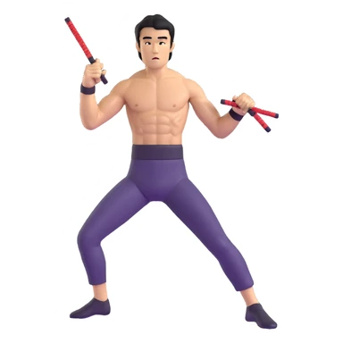 Bruce Lee with nunchaku, martial arts pose, shirtless with toned muscles sticker