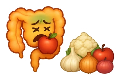 EMOJI STILE IPHONE DI UN INTESTINO UMANO IN CRISI PERCHé STA MALE, IN BOCCA HA UNA MELA E DAVANTI A LUI C'è UNA MONTAGNA DI aglio, cipolle, cavolfiore e mele sticker