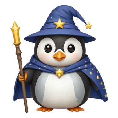 chubby penguin wizard with a starry cloak and a wand, emoji style sticker