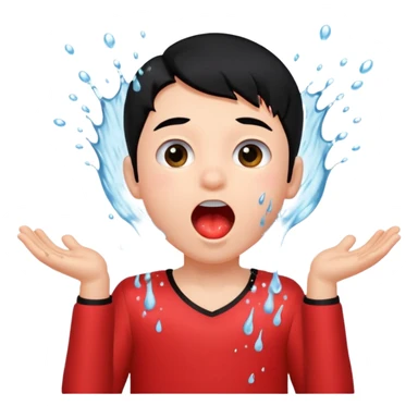 a peach splashing water in boy's mouth above his head with black hair and red dress sticker