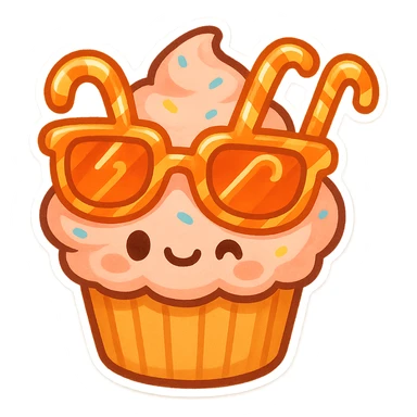 A cupcake with neon orange sunglasses shaped like sugar canes, playful and vibrant, focus on the sunglasses as the main feature, cute chibi stickers style, bright and colorful sticker
